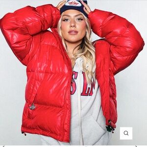 Boys lie bold red puffer all over logo jacket classic cherry cherub soft M/L